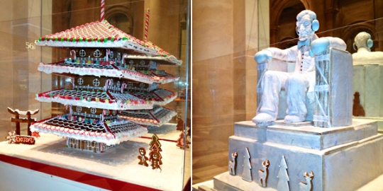 More from the Gingerbread Extravaganza: Toji Tower, created by Kyotofu, a Hell's KitchenJapanese dessert bar; The Lincoln Memorial, crafted by Baked Ideas, a custom baker.