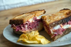 The Reuben is one of over ten typical sandwiches offered daily at Court Street Grocers.