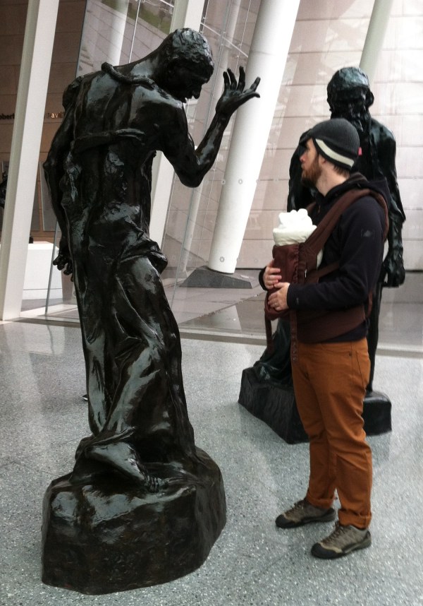 Brooklyn Museum courtyard: Brooklyn chest-pack Dad confronts Rodin statued
