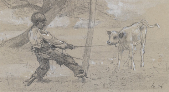 Winslow Homer, The Unruly Calf, circa 1875. Graphite and white opaque watercolor on blue-gray wove paper. Brooklyn Museum, part of Fine Lines: American Drawings. See below.