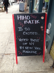 Seen at 184 Fifth Avenue in Park Slope, HiHo Batik sharing its news from a recent issue of New York Magazine. This is a batik shop with a DIY spin.